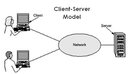 Diagram of two people using client computers connected through a network to a server.